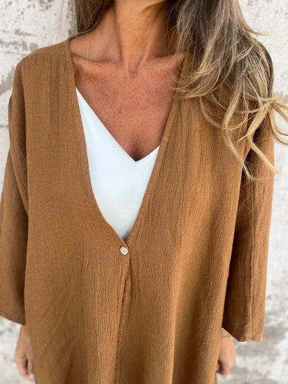 Full Size One Button Long Sleeve Shirt Plus Size - -