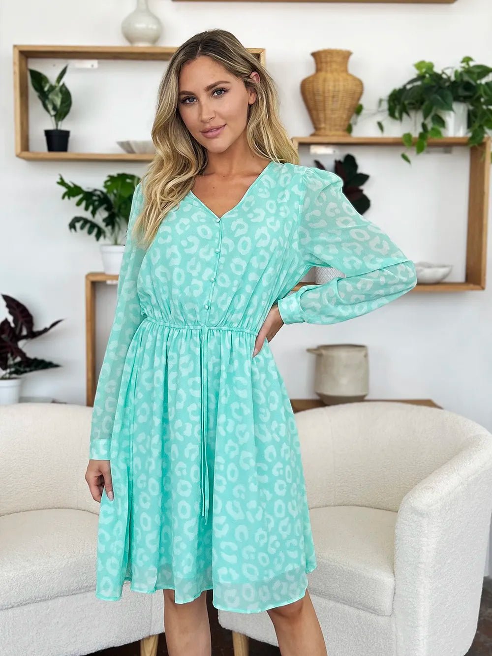 Double Take Full Size Printed Ruched V - Neck Long Sleeve Dress – | Shannon’s Chique Boutique