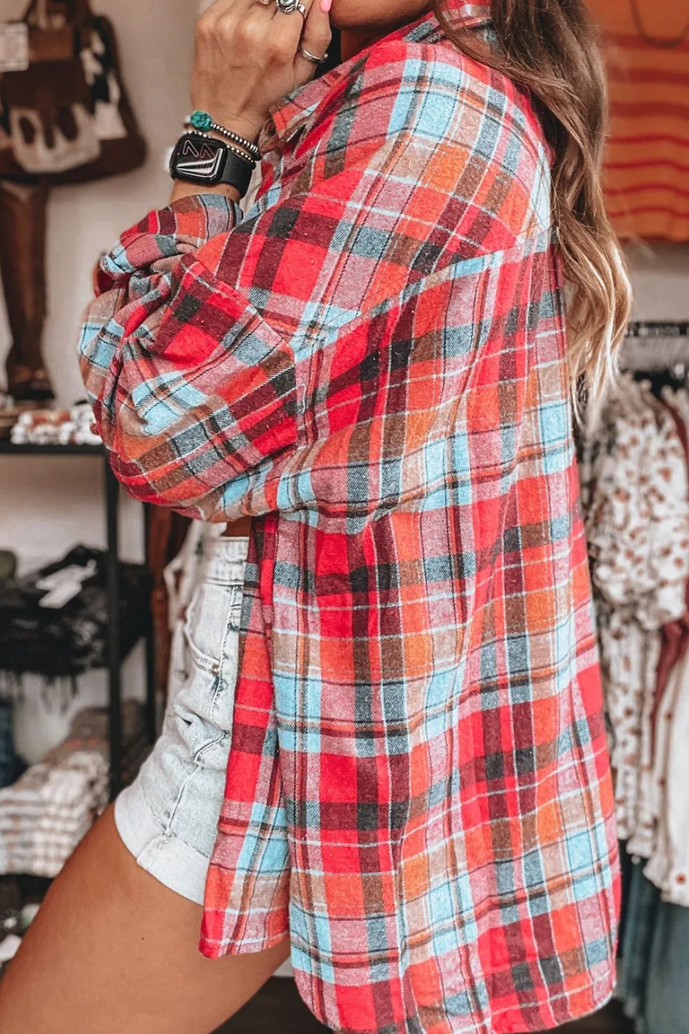 Plaid Collared Neck Long Sleeve Shirt