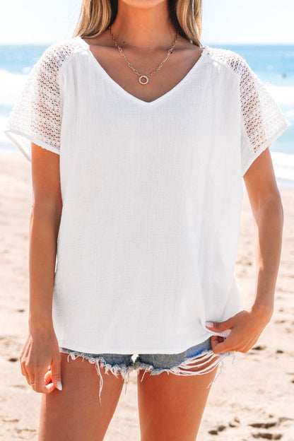 Lace Crochet Textured Button Back V Neck T Shirt - -