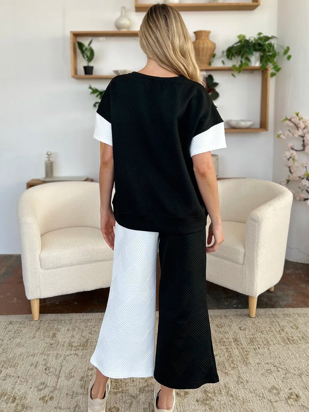 Double Take Full Size Texture Contrast T-Shirt and Wide Leg Pants Set - -