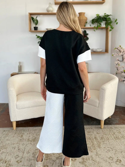 Double Take Full Size Texture Contrast T-Shirt and Wide Leg Pants Set - -