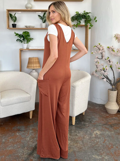 Double Take Full Size Sleeveless Wide Leg Jumpsuit with Pockets - -