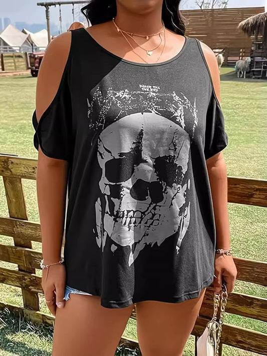 Plus Size Skeleton Graphic Round Neck Cold Shoulder T-Shirt - Black -