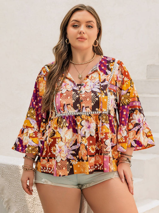 Plus Size Printed Tie Neck Blouse (Curve Sophistication) - Tangerine -