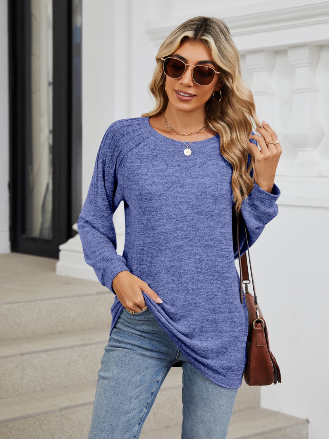 Round Neck Long Sleeve T-Shirt - -