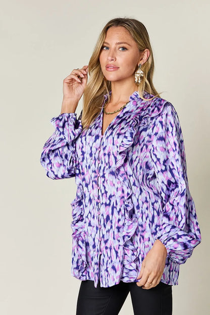 Double Take Full Size Printed Ruffle Trim Balloon Sleeve Shirt - -