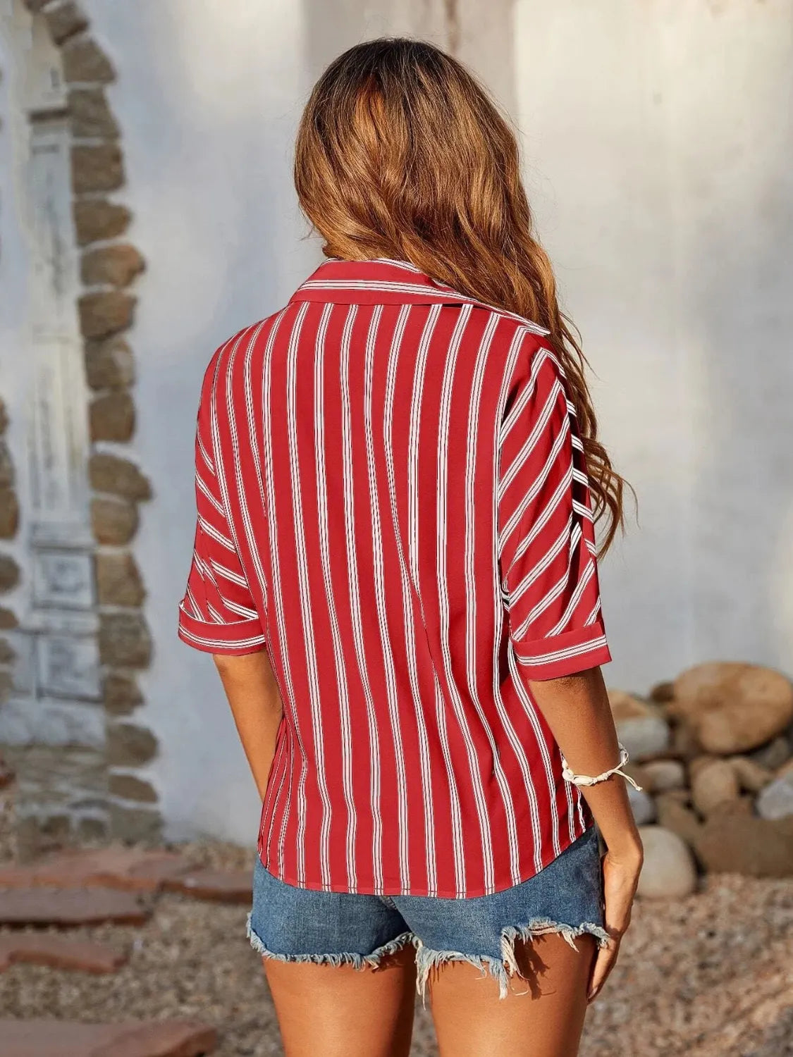 Striped Collared Neck Half Sleeve Shirt - -