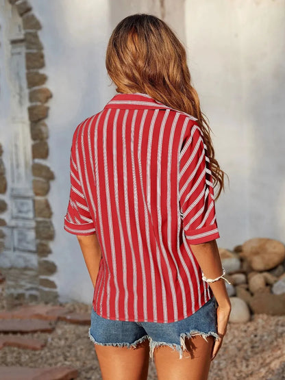 Striped Collared Neck Half Sleeve Shirt - -