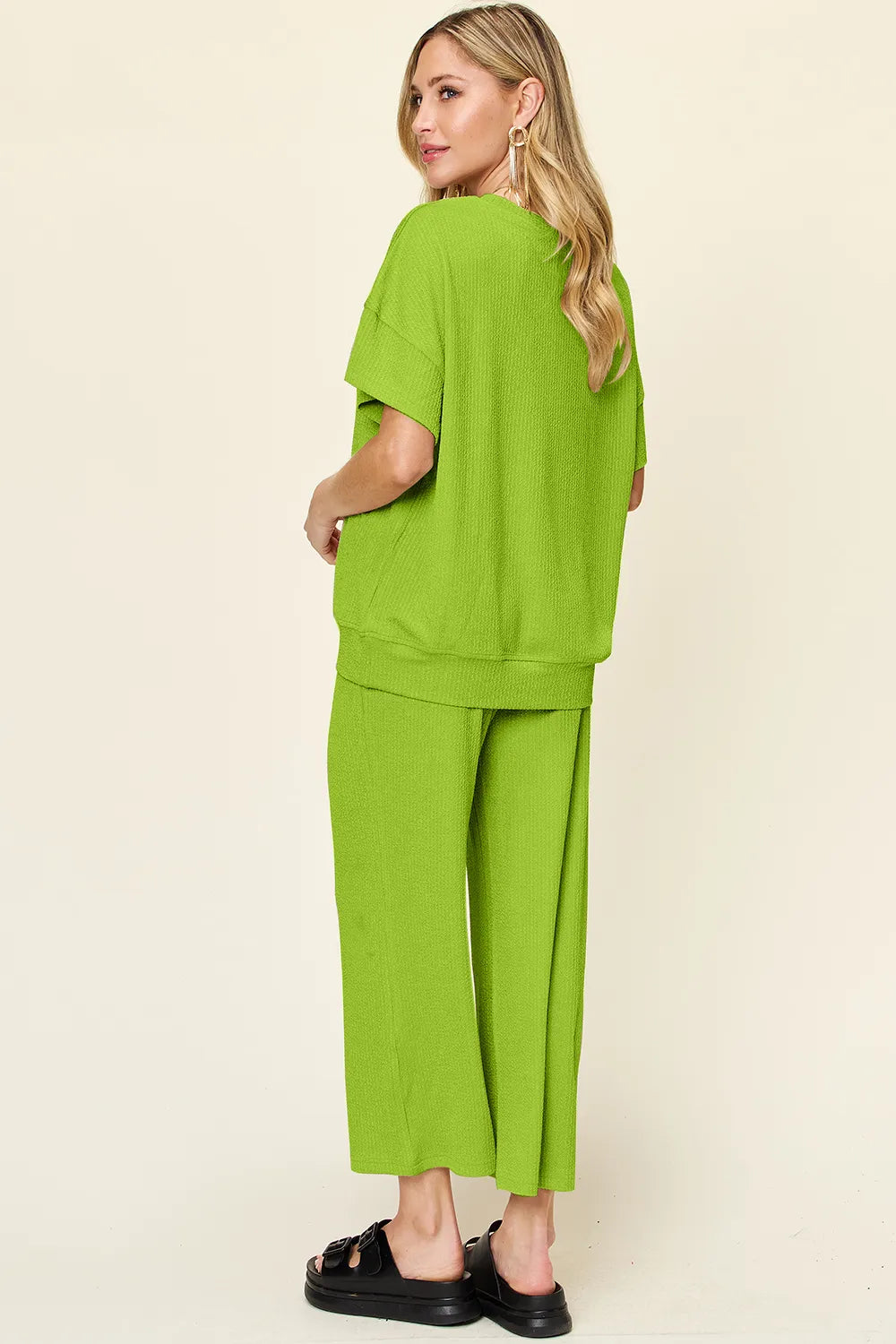Double Take Full Size Texture Round Neck Short Sleeve T-Shirt and Wide Leg Pants - -