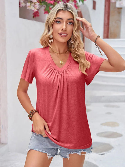 Double Take Ruched V-Neck Short Sleeve T-Shirt - -