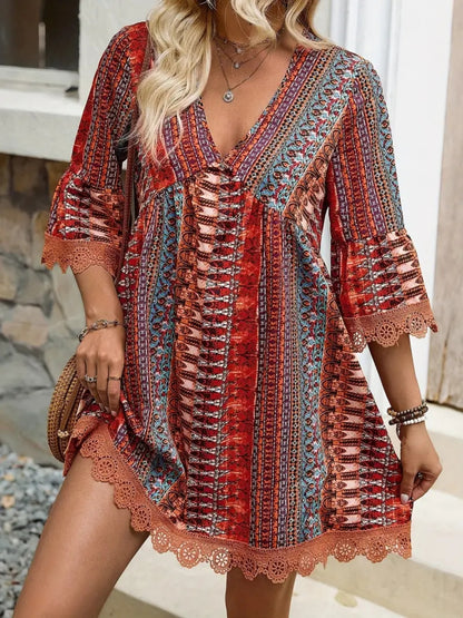Lace Trim Printed V-Neck 3/4 Sleeve Dress - -