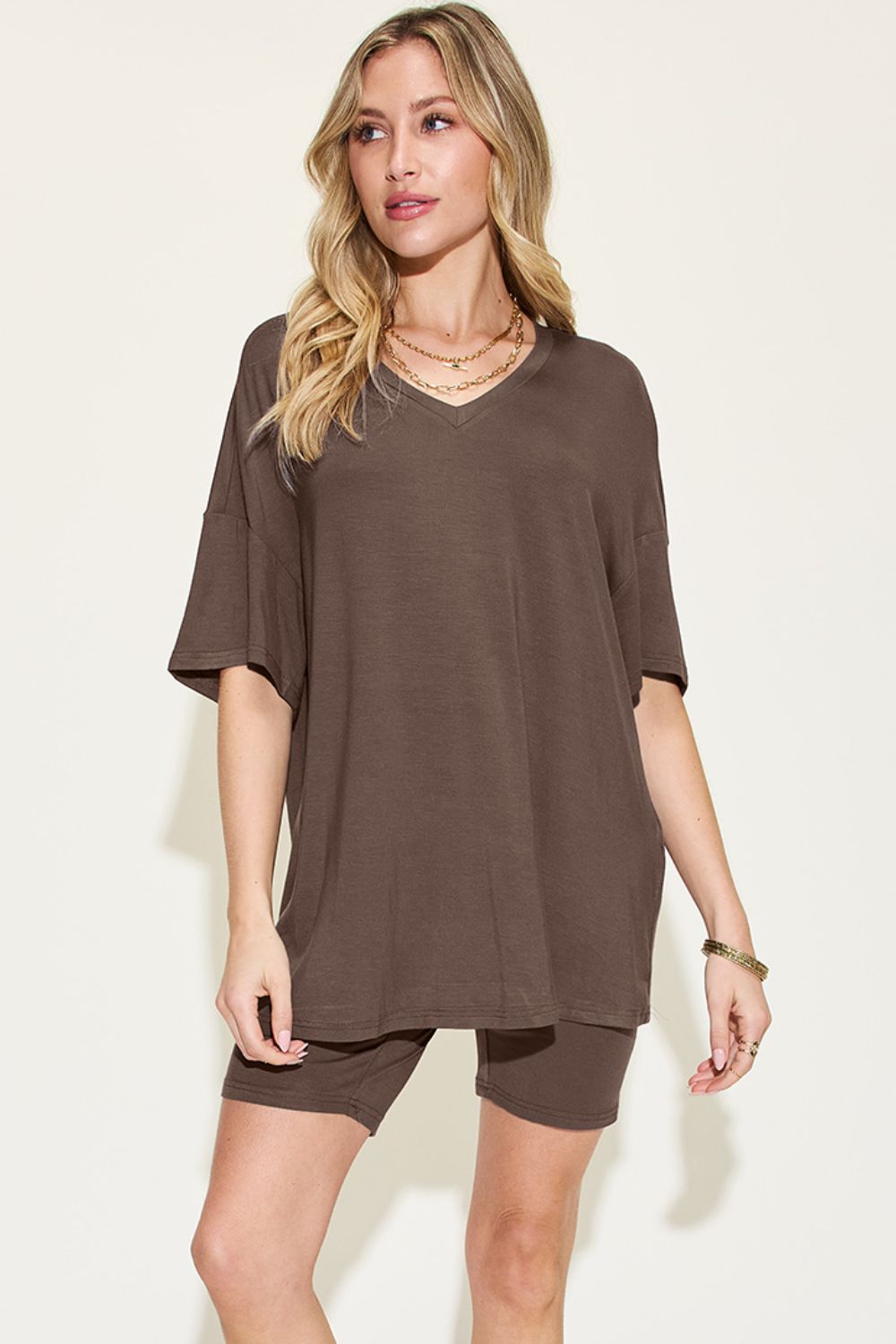 Basic Bae Full Size V-Neck Drop Shoulder T-Shirt and Shorts Set - Chocolate -