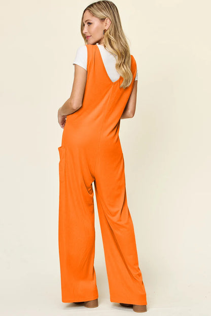 Double Take Full Size Sleeveless Wide Leg Jumpsuit with Pockets - -