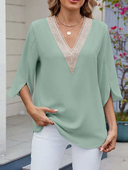 V-Neck 3/4 Sleeve Blouse - Gum Leaf -