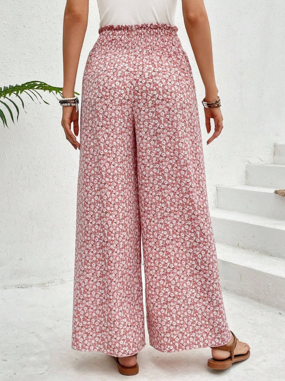 Tied Printed Wide Leg Pants - -