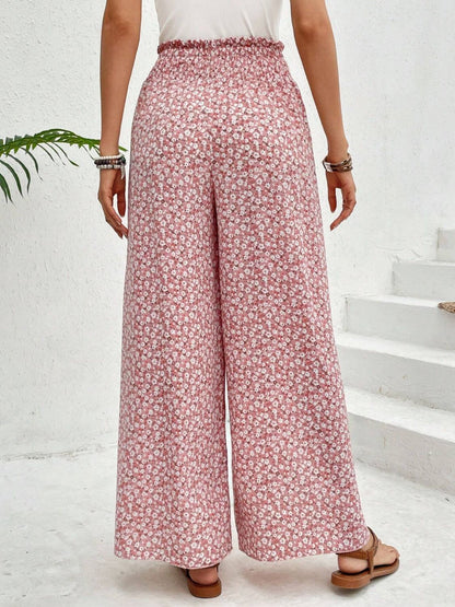 Tied Printed Wide Leg Pants - -
