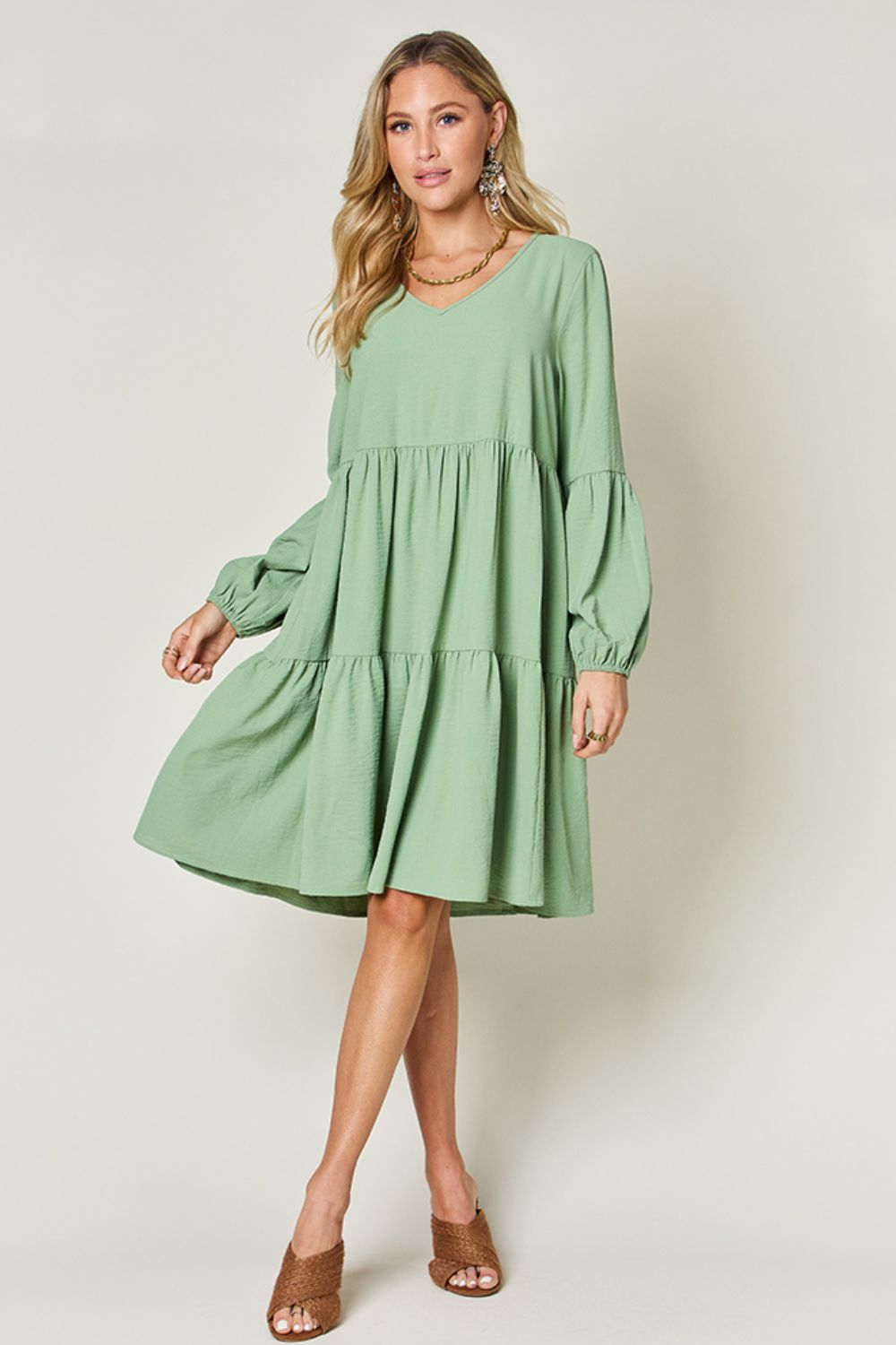 Double Take Full Size V-Neck Balloon Sleeve Tiered Dress with Pockets - -