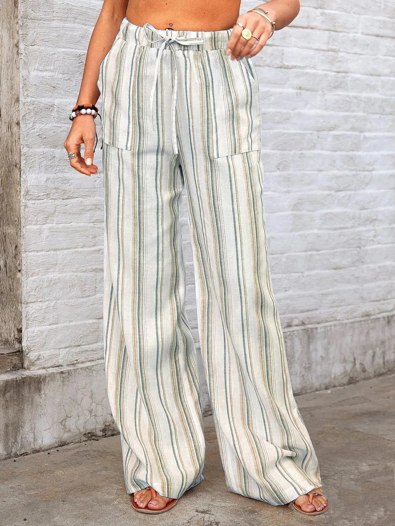 Full Size Striped Wide Leg Pants Plus Size - Olive -