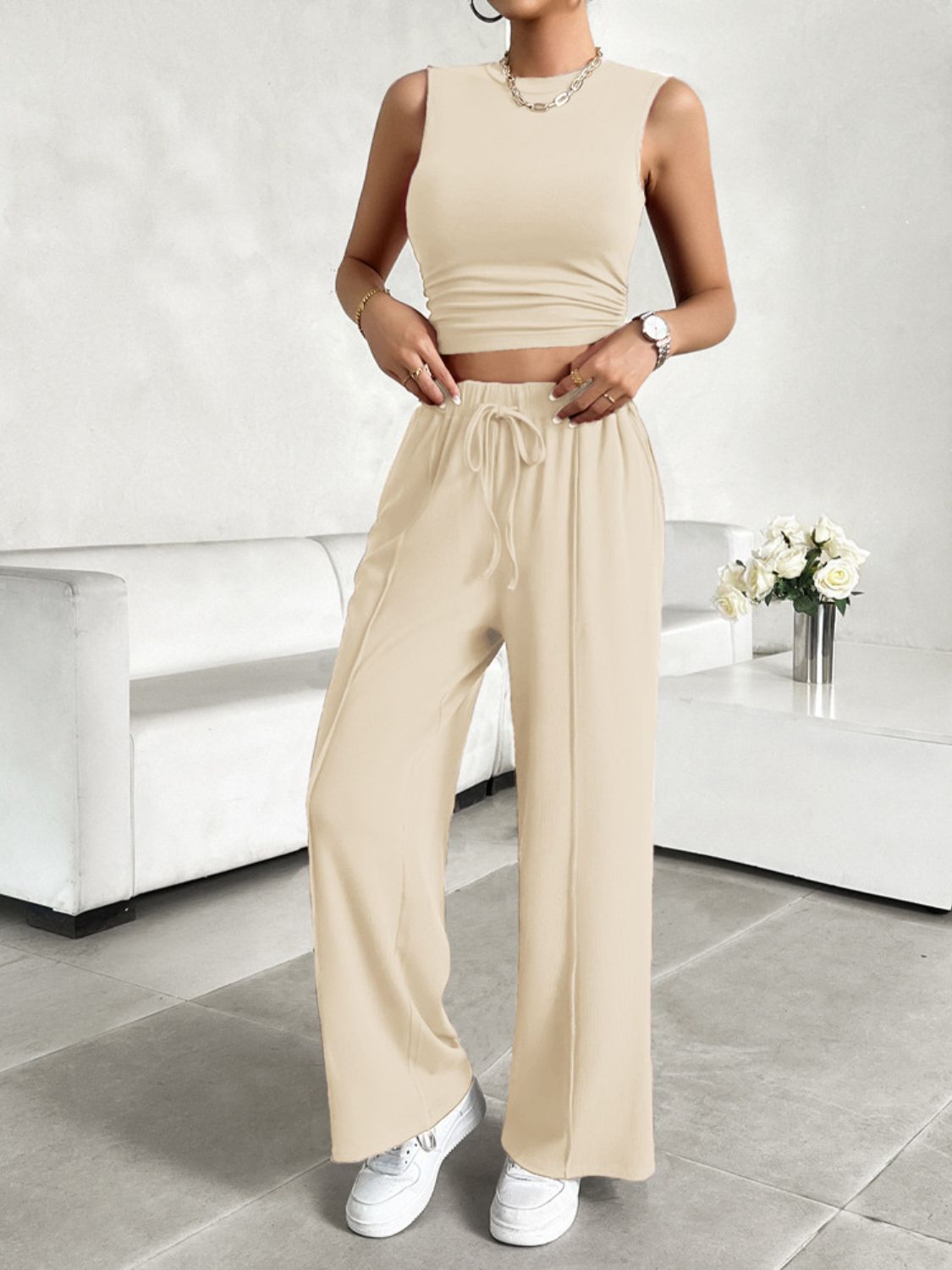 Devine Mock Neck Sleeveless Top and Drawstring Pants Set - -
