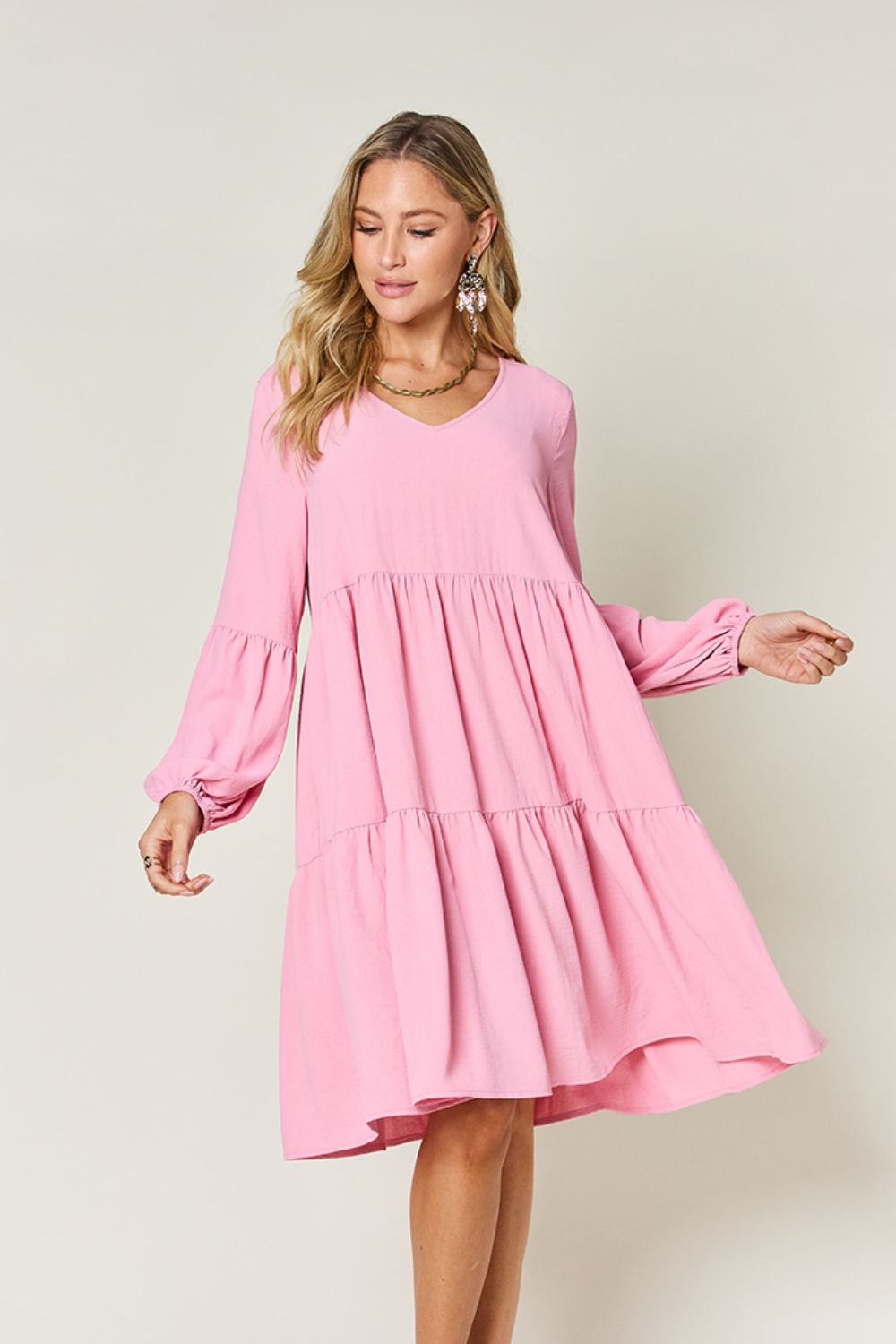 Double Take Full Size V-Neck Balloon Sleeve Tiered Dress with Pockets - -
