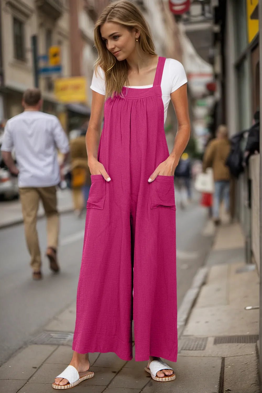 Double Take Full Size Wide Leg Overalls with Pockets - Hot Pink -