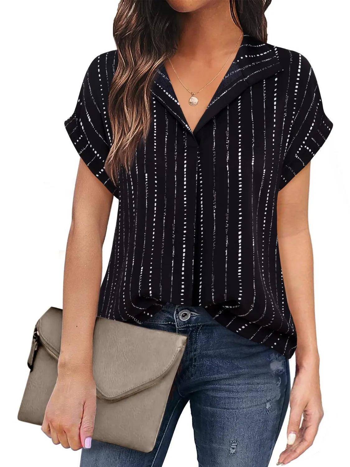 Ruched Round Neck Short Sleeve Top – Pretty Chique Women’s Summer Blouse - Stripe -