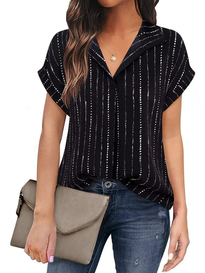 Ruched Round Neck Short Sleeve Top – Pretty Chique Women’s Summer Blouse - Stripe -