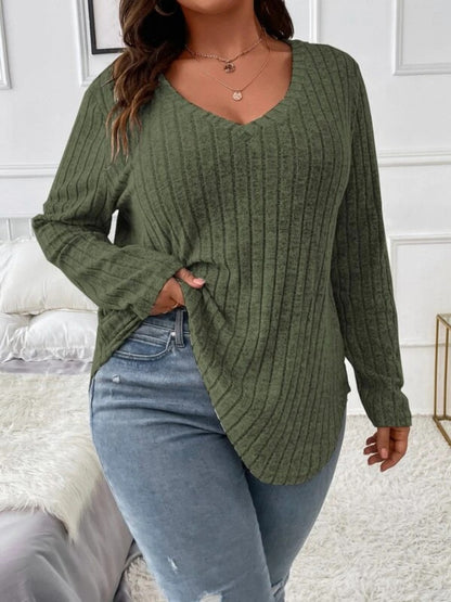 Plus Size V-Neck Long Sleeve T-Shirt - -