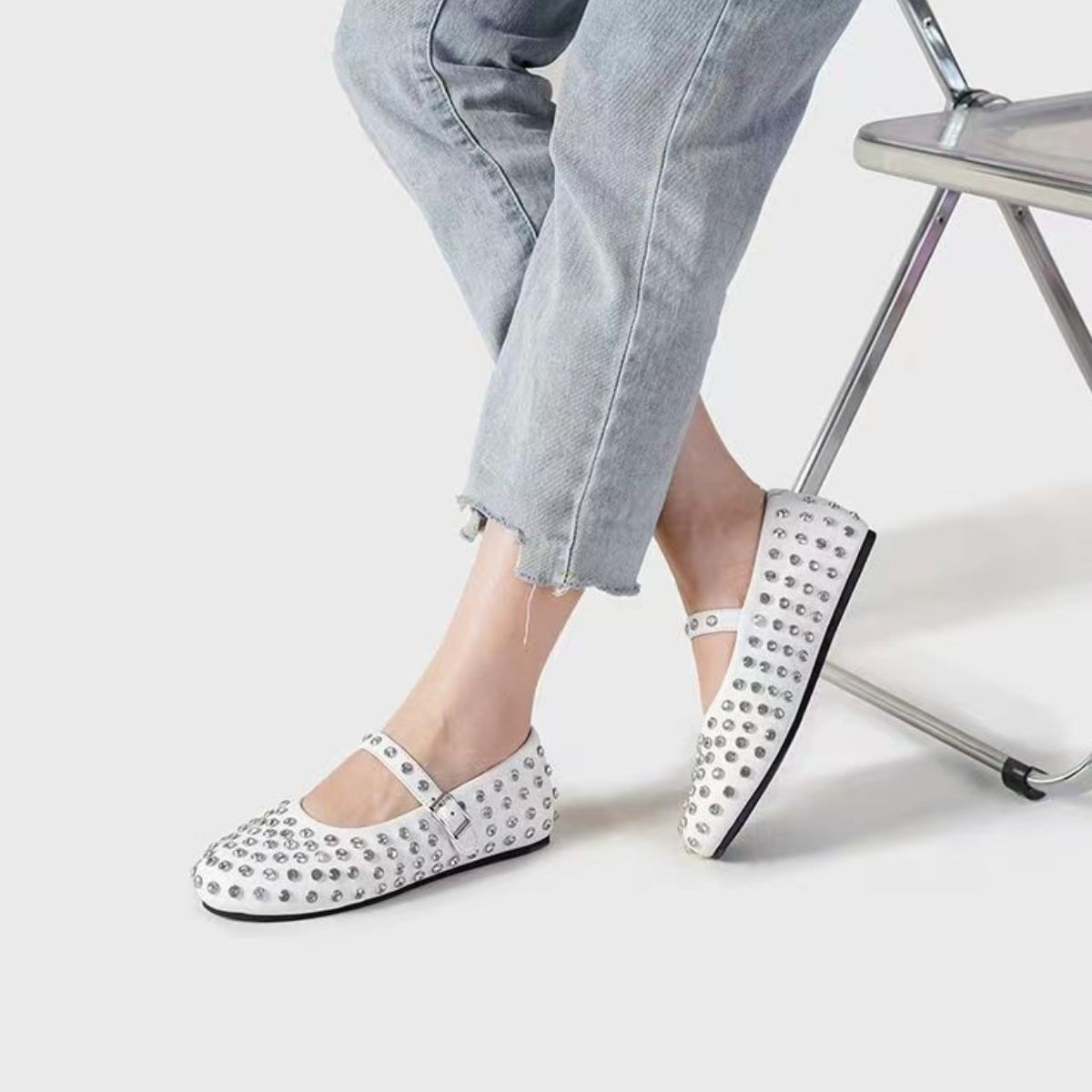 PU Leather Studded Flat Loafers - White -