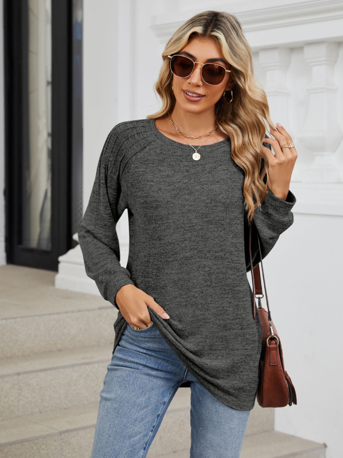 Round Neck Long Sleeve T-Shirt - -