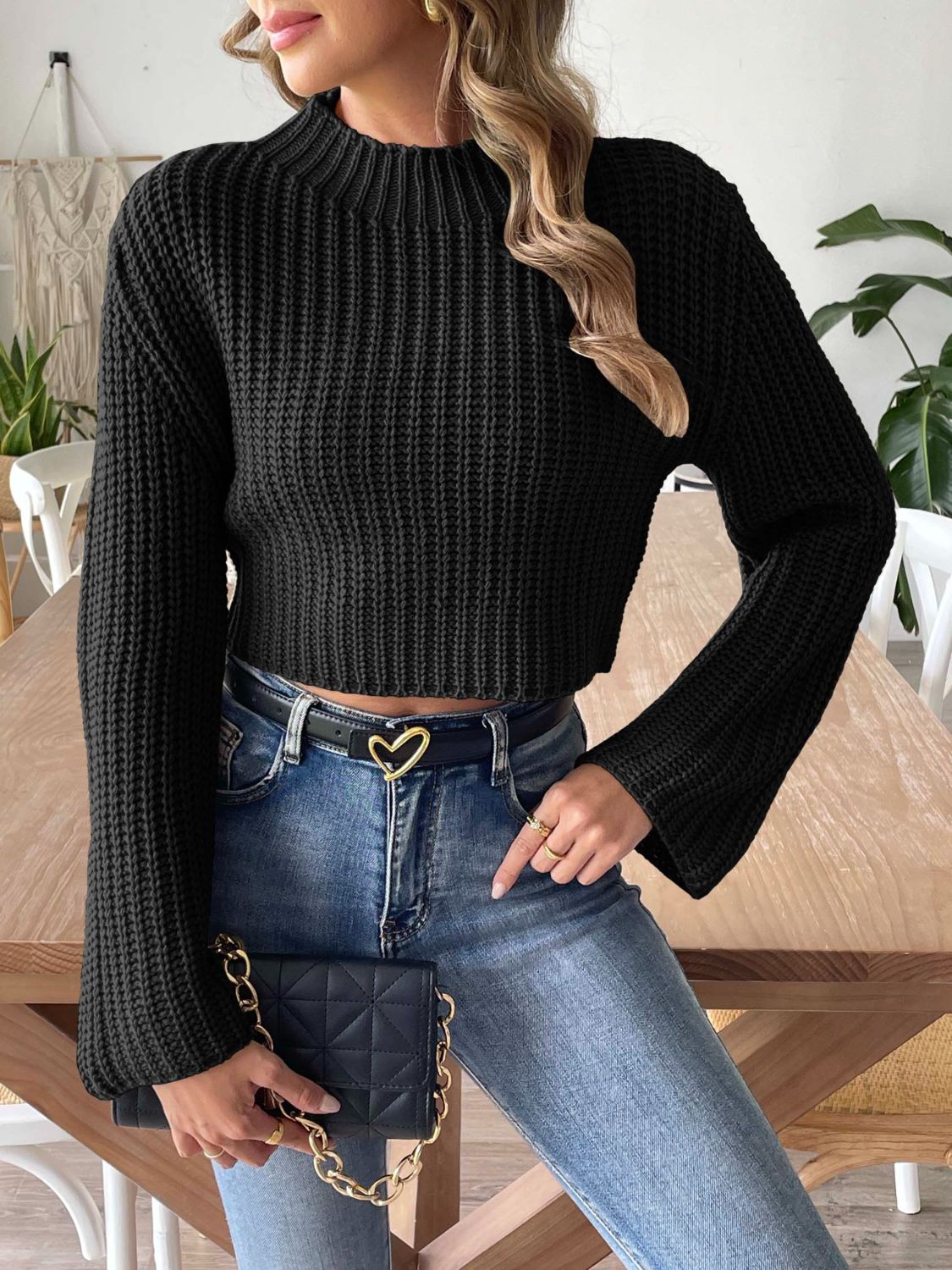 Mock Neck Long Sleeve Sweater - -