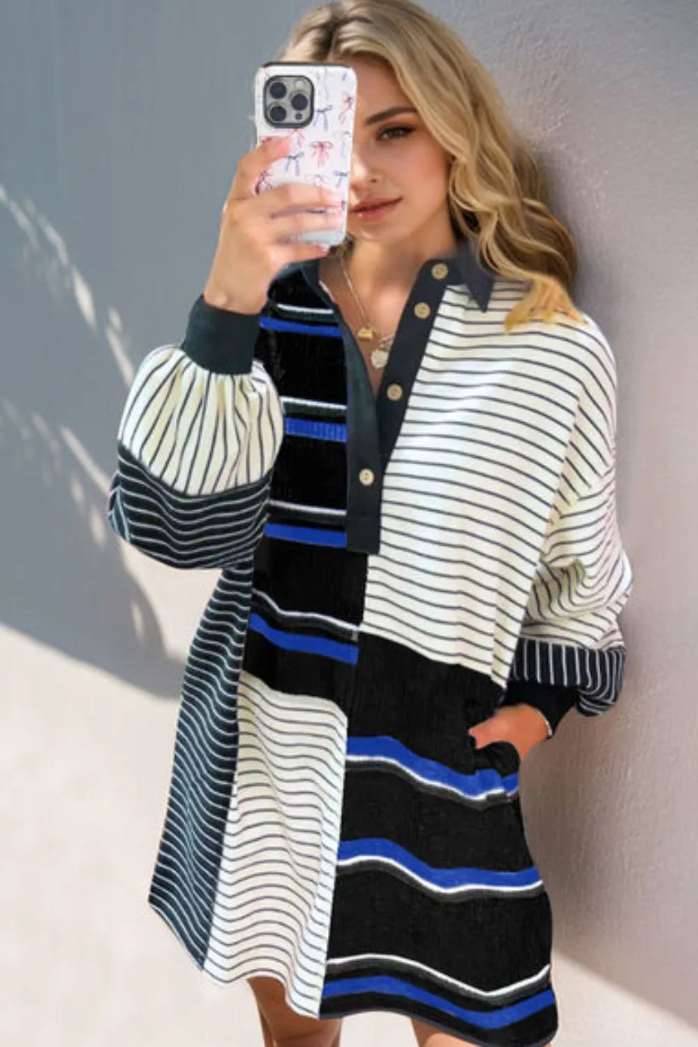 Oh Full Size Striped Half Button Long Sleeve Mini Dress – | Shannon’s Chique Boutique