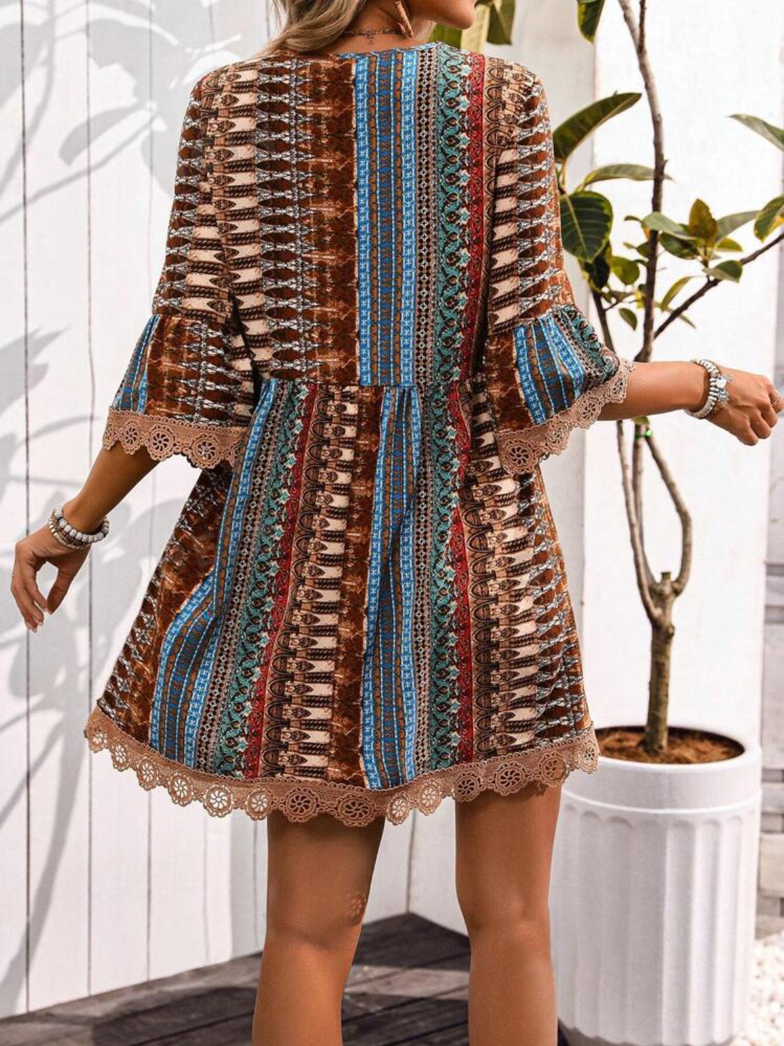 Lace Trim Printed V-Neck 3/4 Sleeve Dress - -