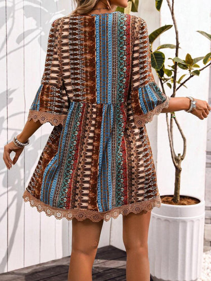 Lace Trim Printed V-Neck 3/4 Sleeve Dress - -