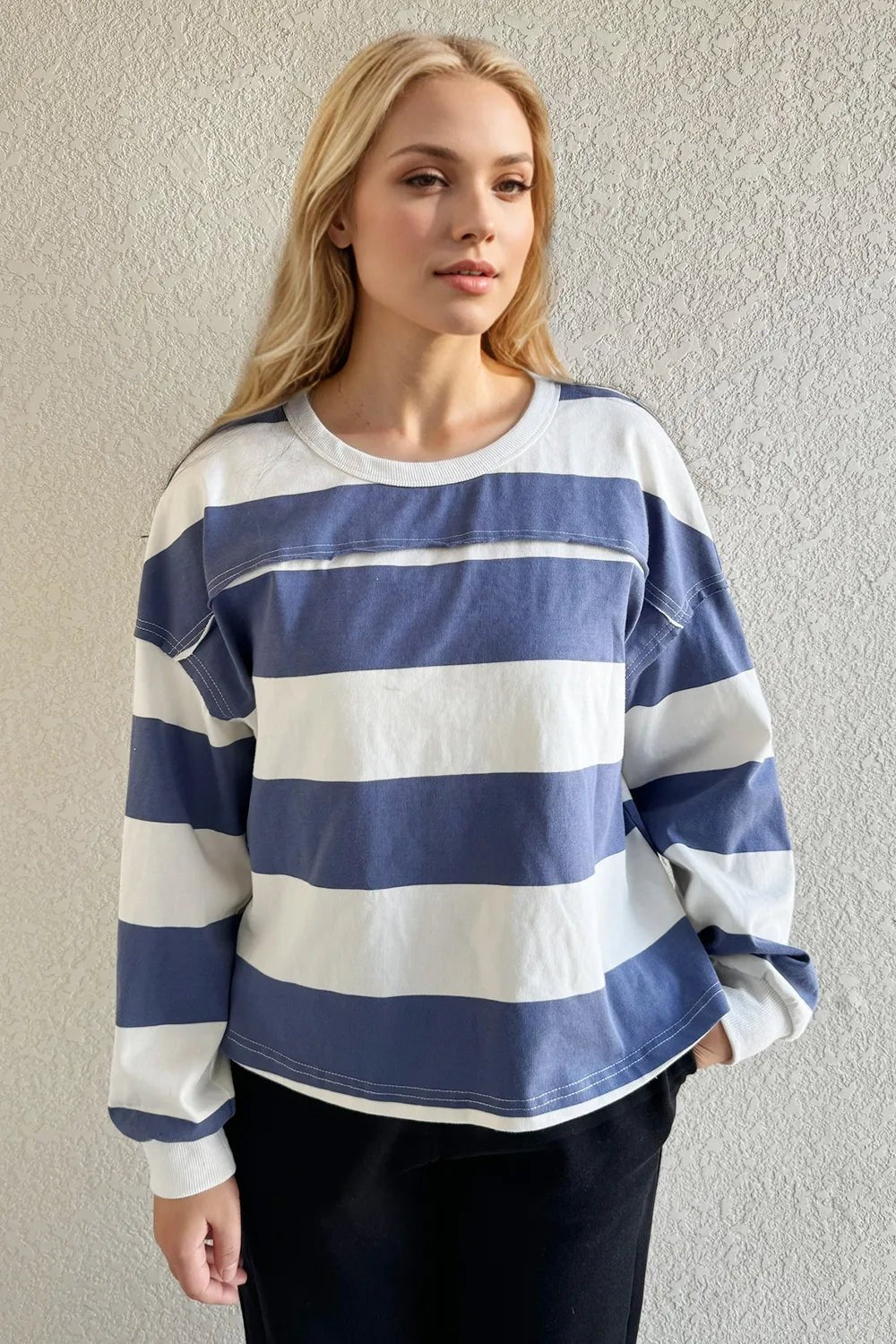 Oh Pima Cotton Wash Exposed Seam Contrast Striped Round Neck Long Sleeve T-Shirt - Dusty Blue -