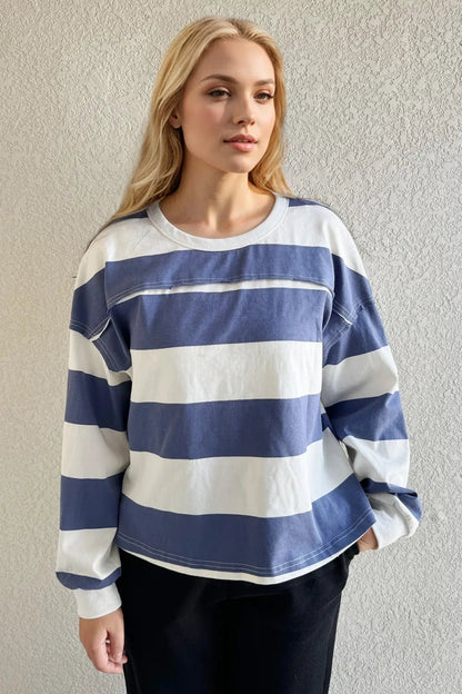 Oh Pima Cotton Wash Exposed Seam Contrast Striped Round Neck Long Sleeve T-Shirt - Dusty Blue -