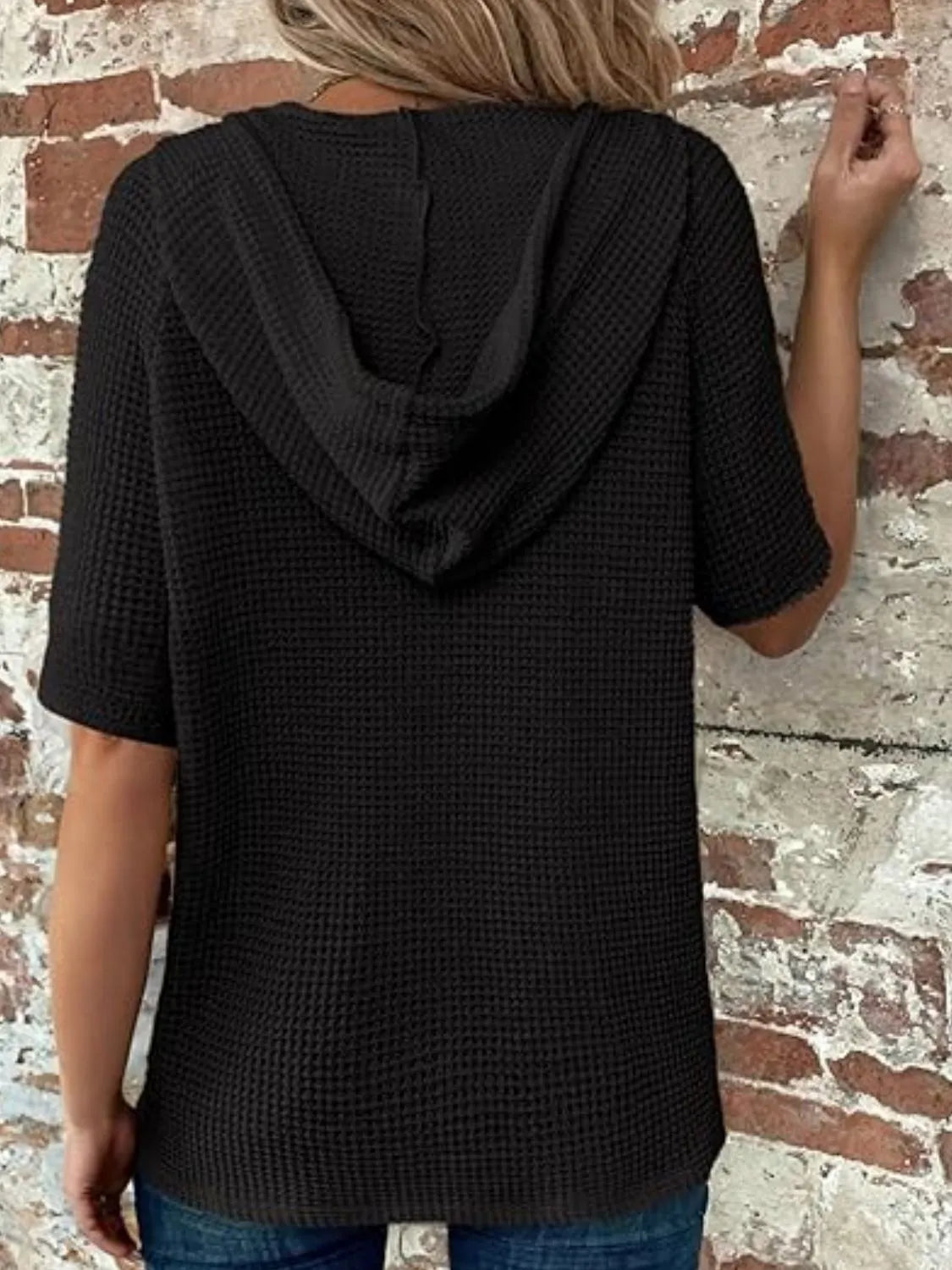 Drawstring Waffle-Knit Short Sleeve Hooded Top - -