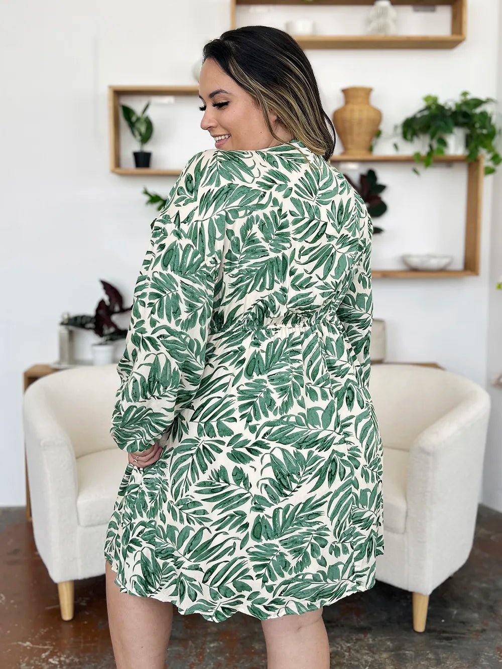 Double Take Full Size Printed Ruched Balloon Sleeve Dress – | Shannon’s Chique Boutique