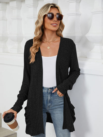 Pocketed Open Front Long Sleeve Cardigan - Black -