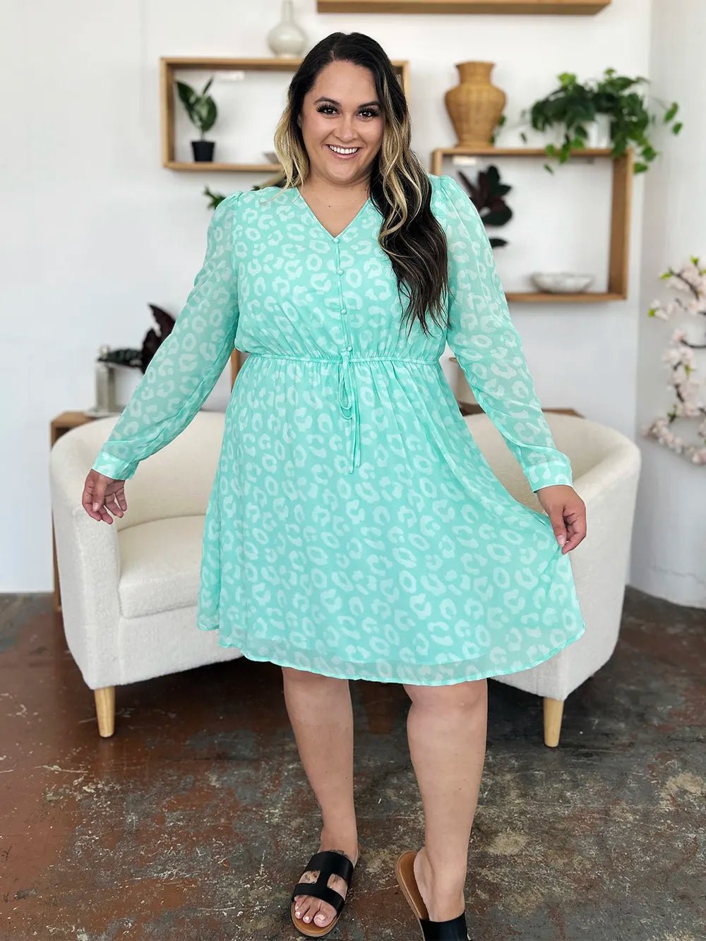 Double Take Full Size Printed Ruched V - Neck Long Sleeve Dress – | Shannon’s Chique Boutique