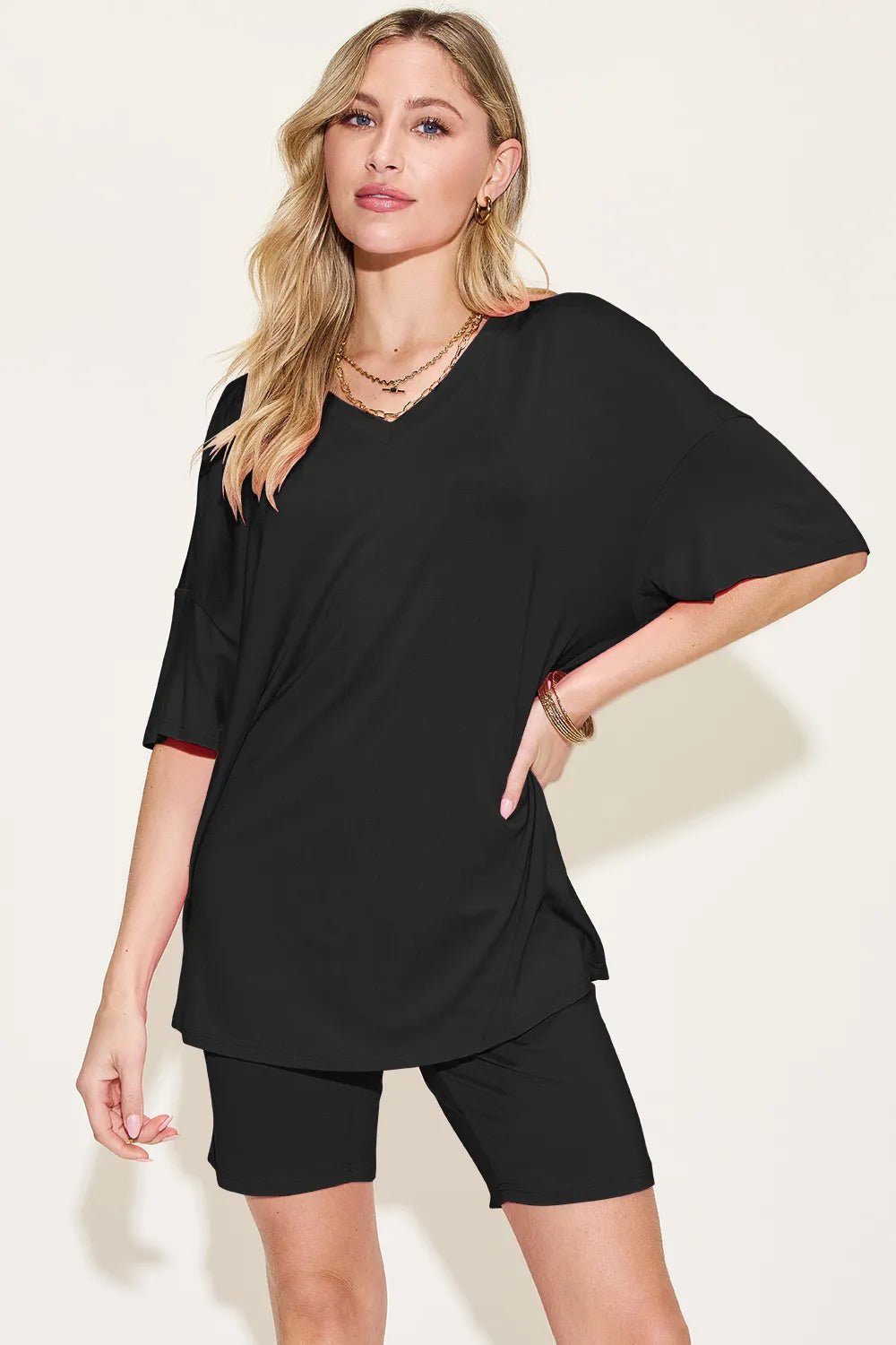Basic Bae Bamboo Full Size V-Neck Drop Shoulder T-Shirt and Shorts Set - Black -
