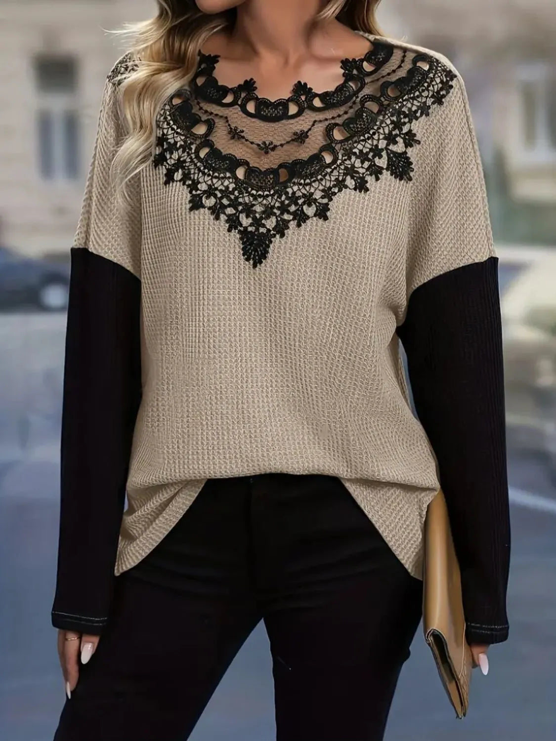 Contrast Lace Round Neck Long Sleeve T-Shirt - Khaki -
