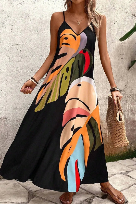 Tropical Leaf Print V-Neck Maxi Cami Dress – | Shannon’s Chique Boutique