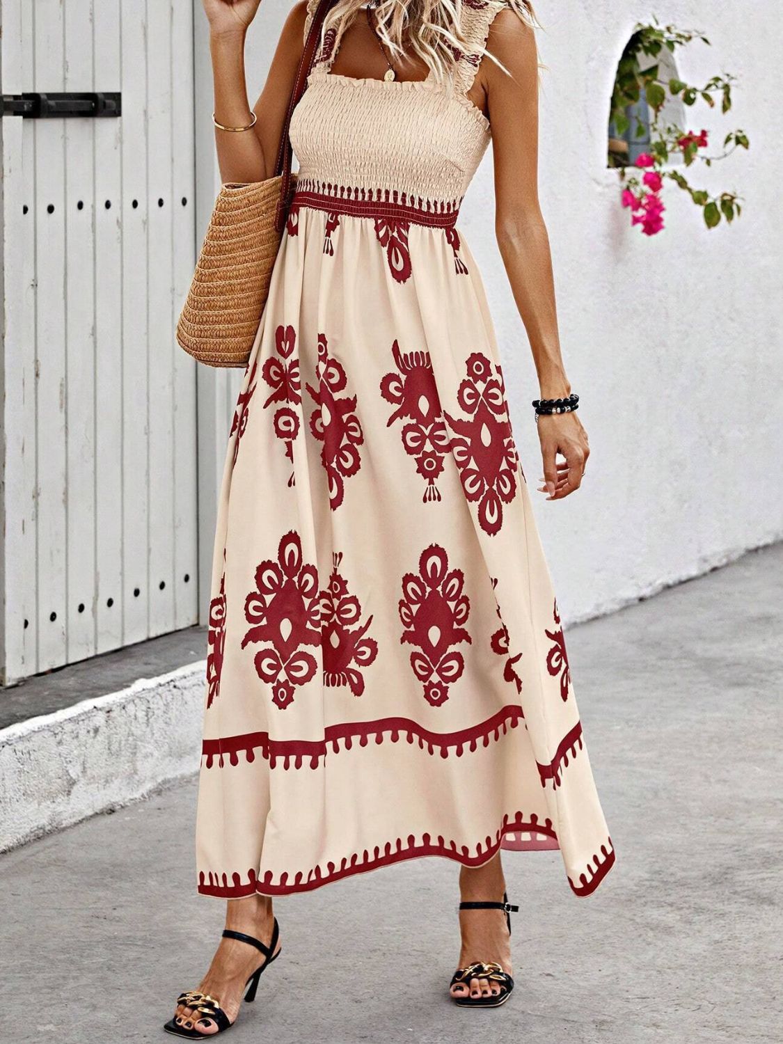 Smocked Printed Wide Strap Maxi Dress - Rust -