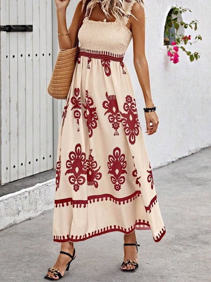 Smocked Printed Wide Strap Maxi Dress - Rust -