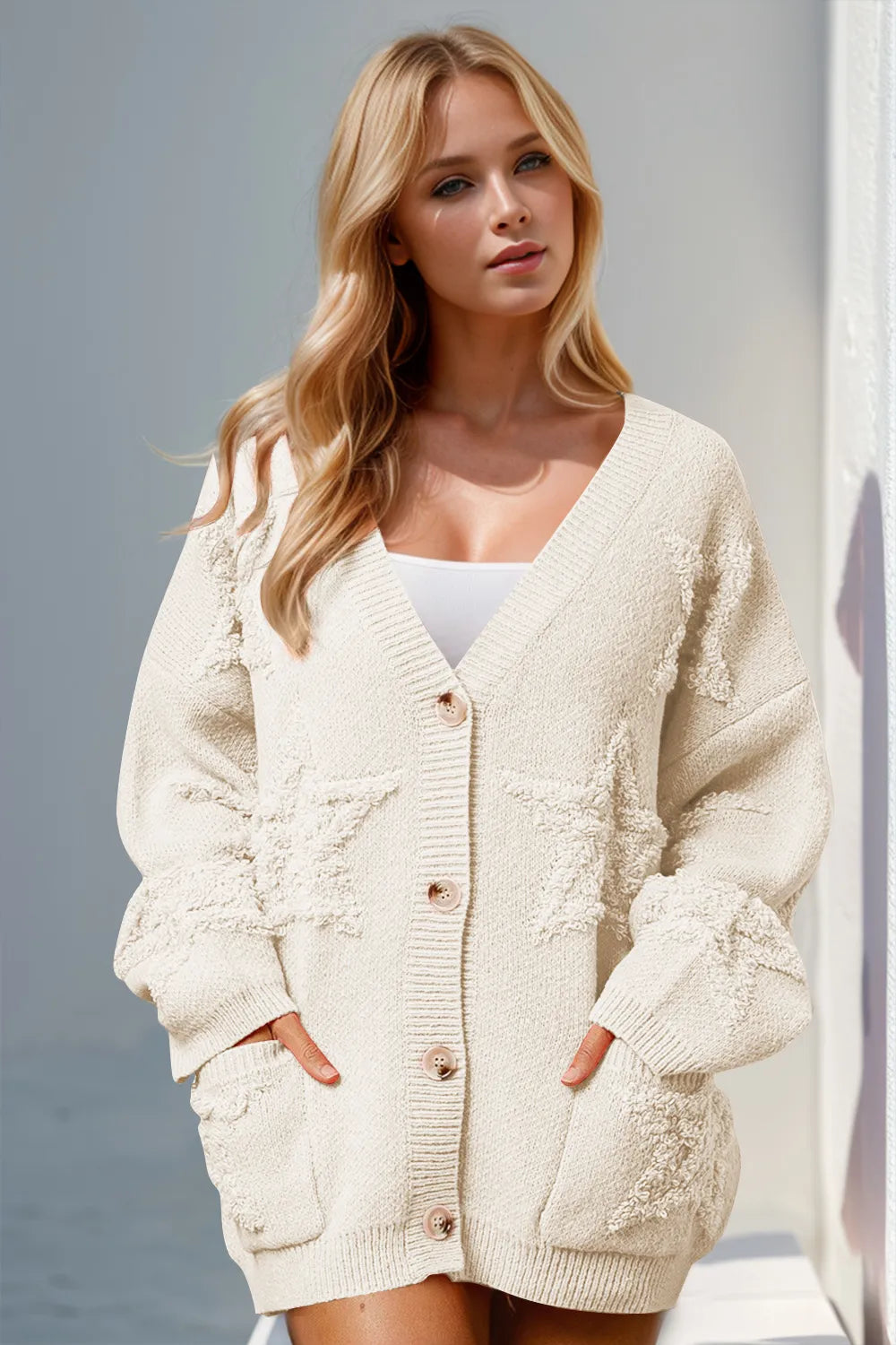 Double Take Full Size Button Up Star Pattern Cardigan - Beige -