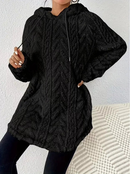 Black hooded pullover sweater with drawstrings, made from soft faux fur material.