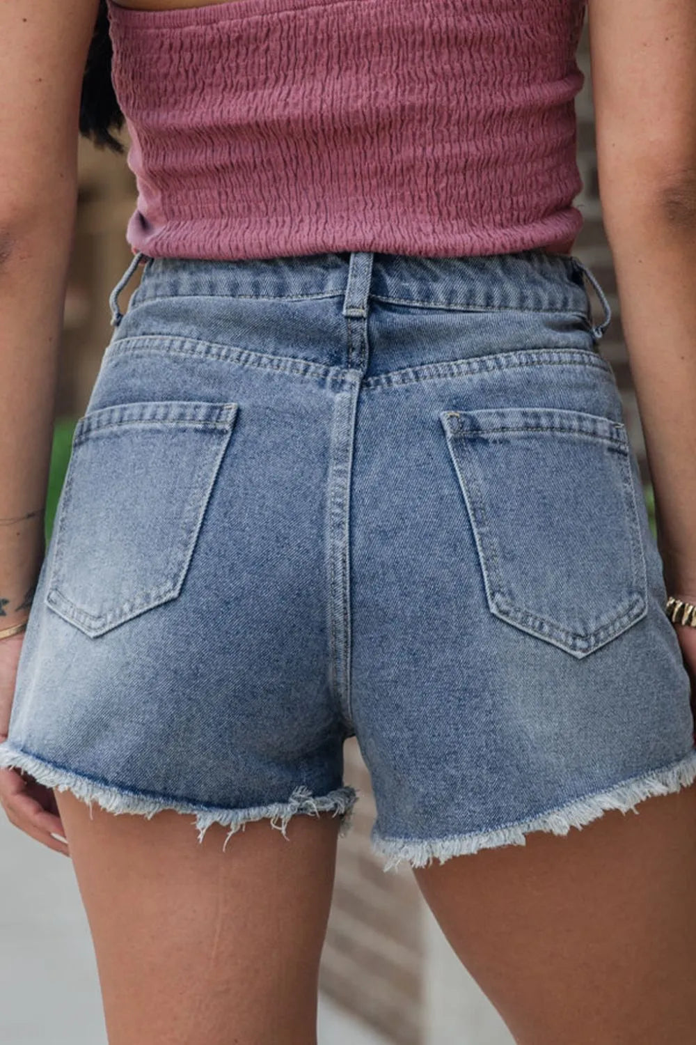 Pearl Beaded Raw Hem Wash Denim Shorts - -
