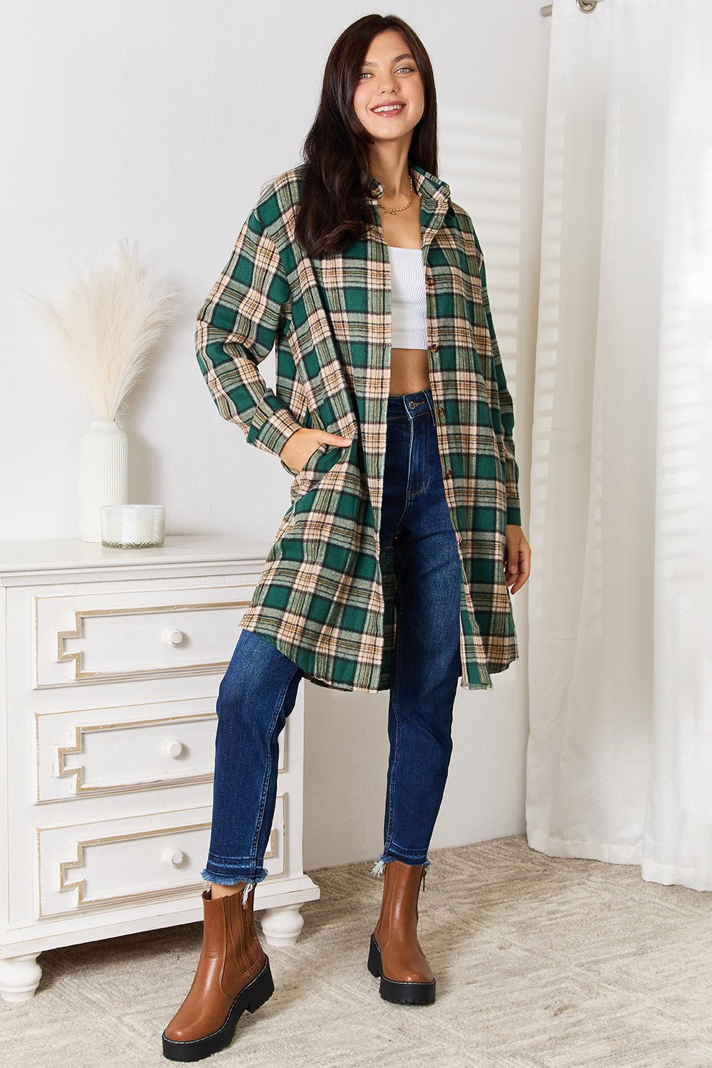 Mandy Plaid Collared Neck Long Sleeve Shirt - -